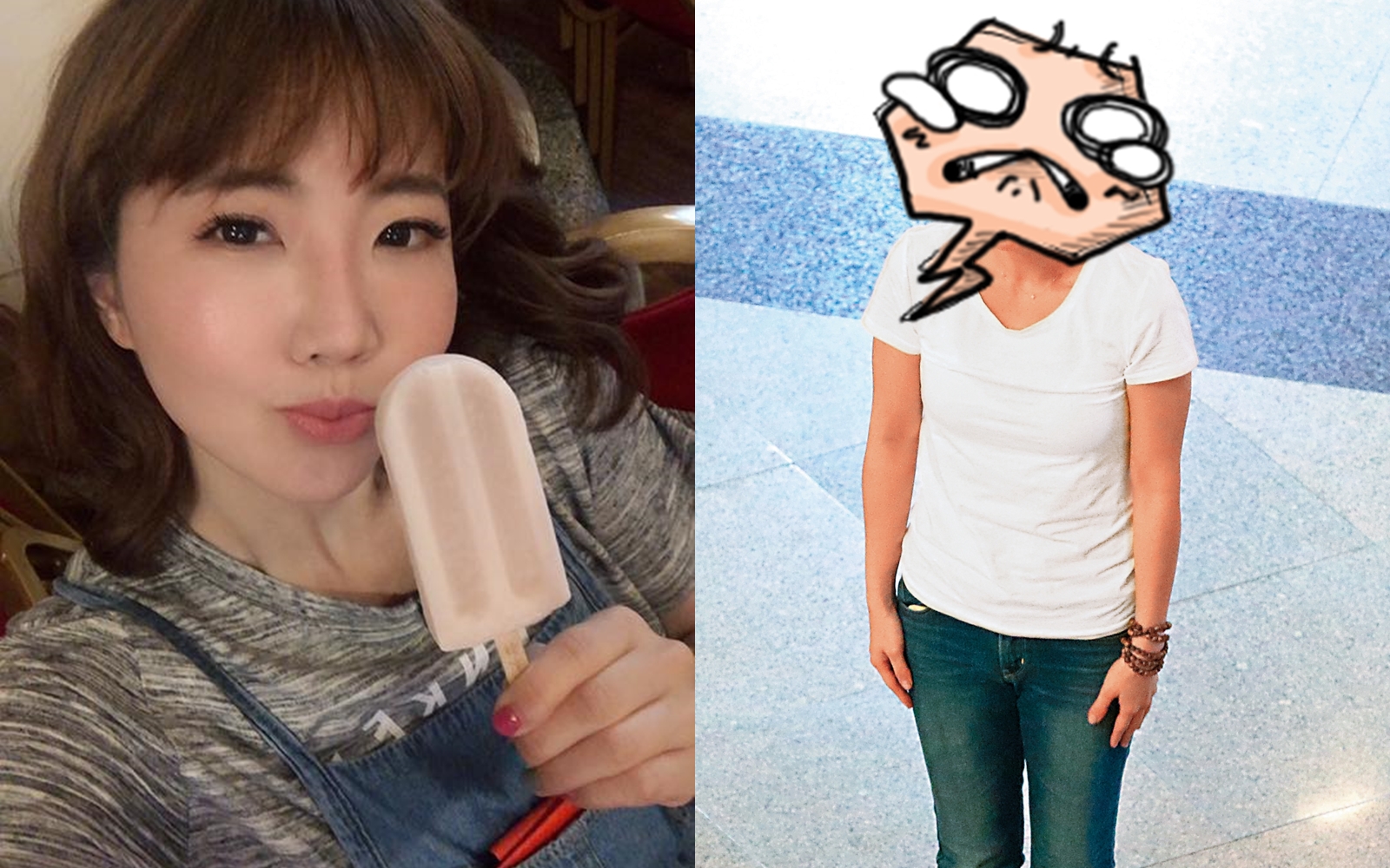 謝忻去金山祭拜恩師黃義雄暴哭，暴瘦素顏戴眼鏡激似蔡閨（右圖），與她原本圓潤的樣子判若兩人。（左圖翻攝自謝忻臉書）