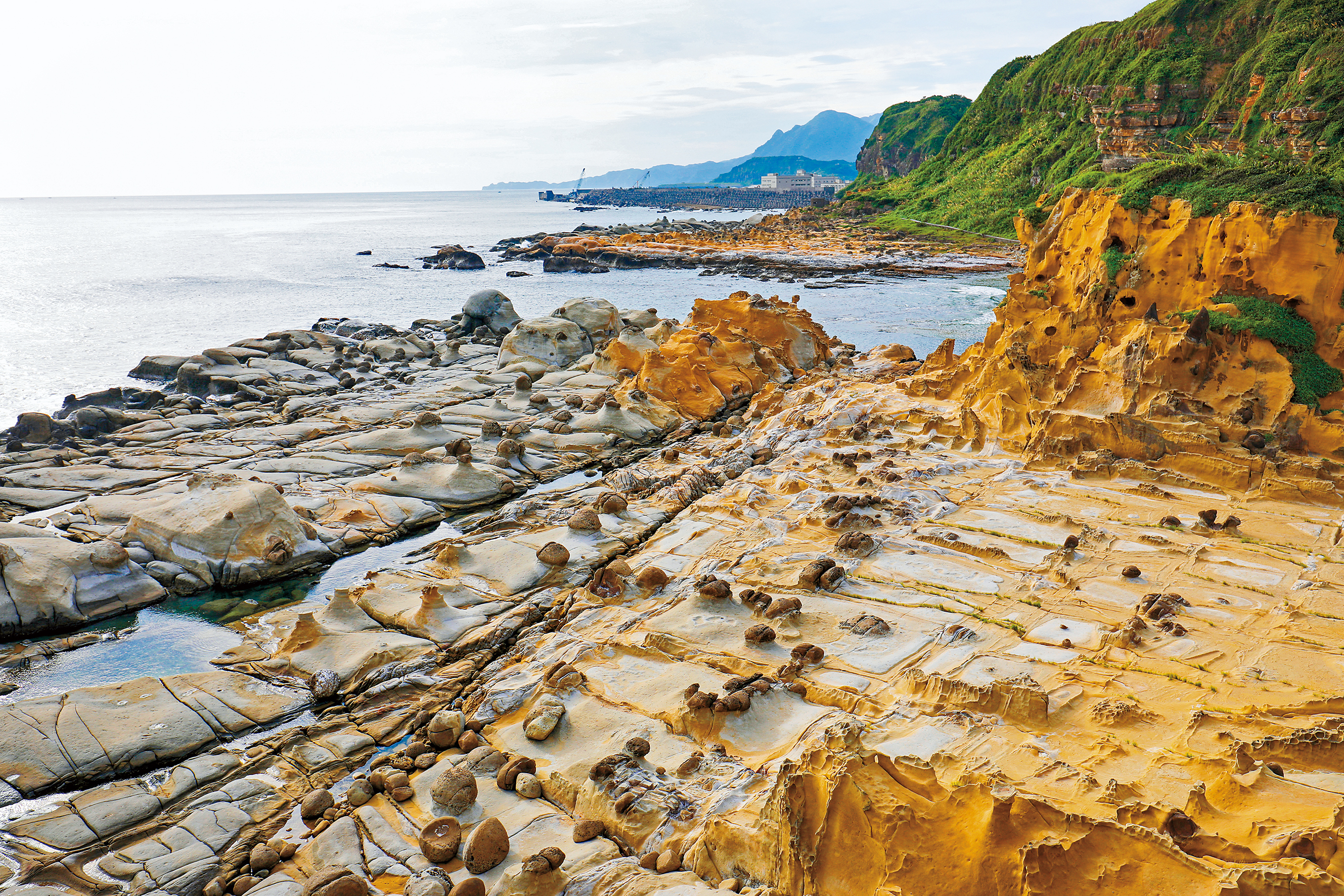 從和平島公園高處涼亭往下望，是特殊的「千疊敷」海蝕地形。