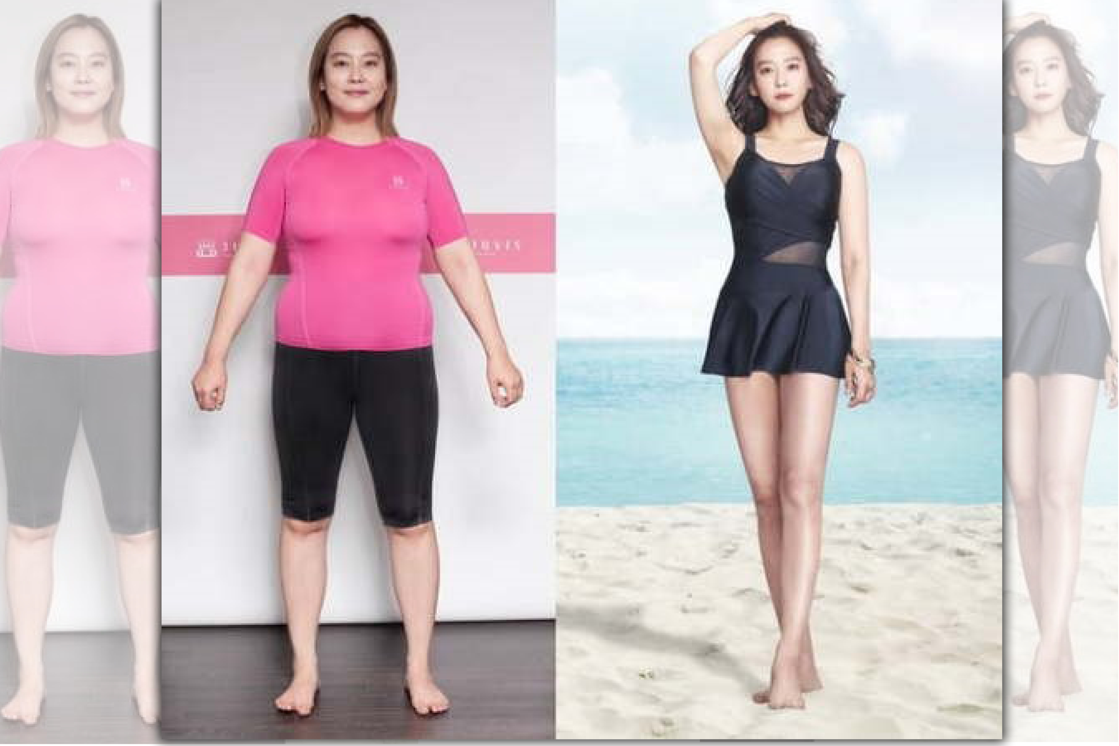 Dana（左）因被分手、朋友過世暴肥，近日成功在2個月瘦身27公斤拍攝泳裝照。（翻攝自Naver）