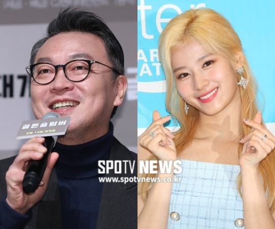 在韓發展的日籍藝人因日韓貿易戰遭牽連，金義聖（左）於臉書公開發聲力挺Sana。（翻攝自SPOTV NEWS）