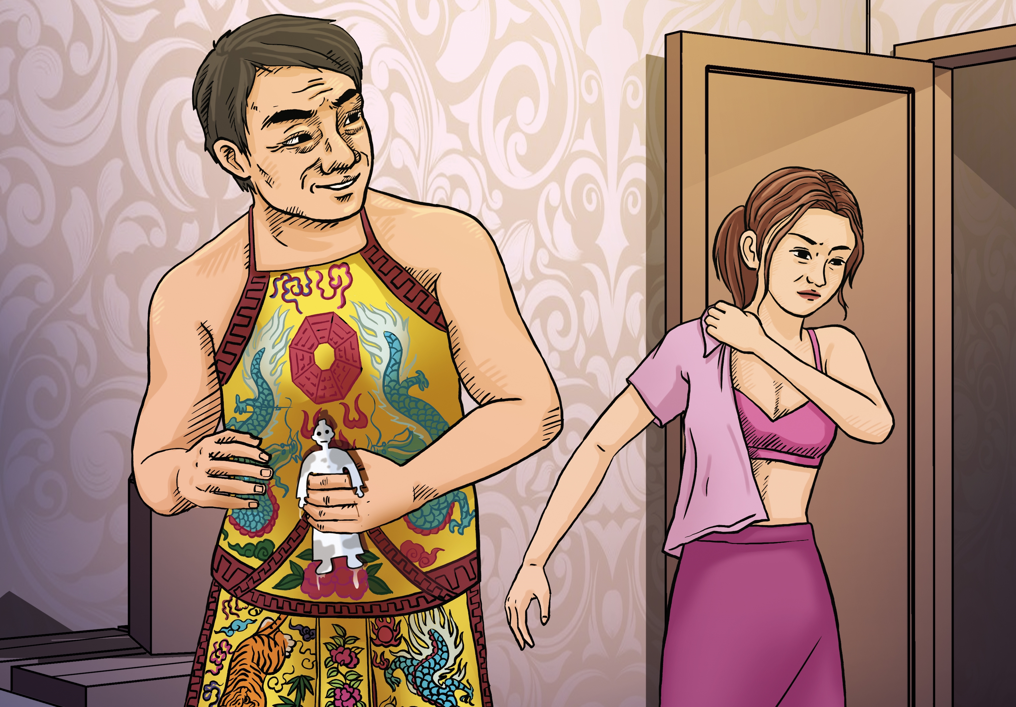 潘姓乩童貪圖女信徒小美的美色，要求她掀開上衣，用紙紮人觸摸小美胸部及下體施法，還趁機以右手指插入下體。