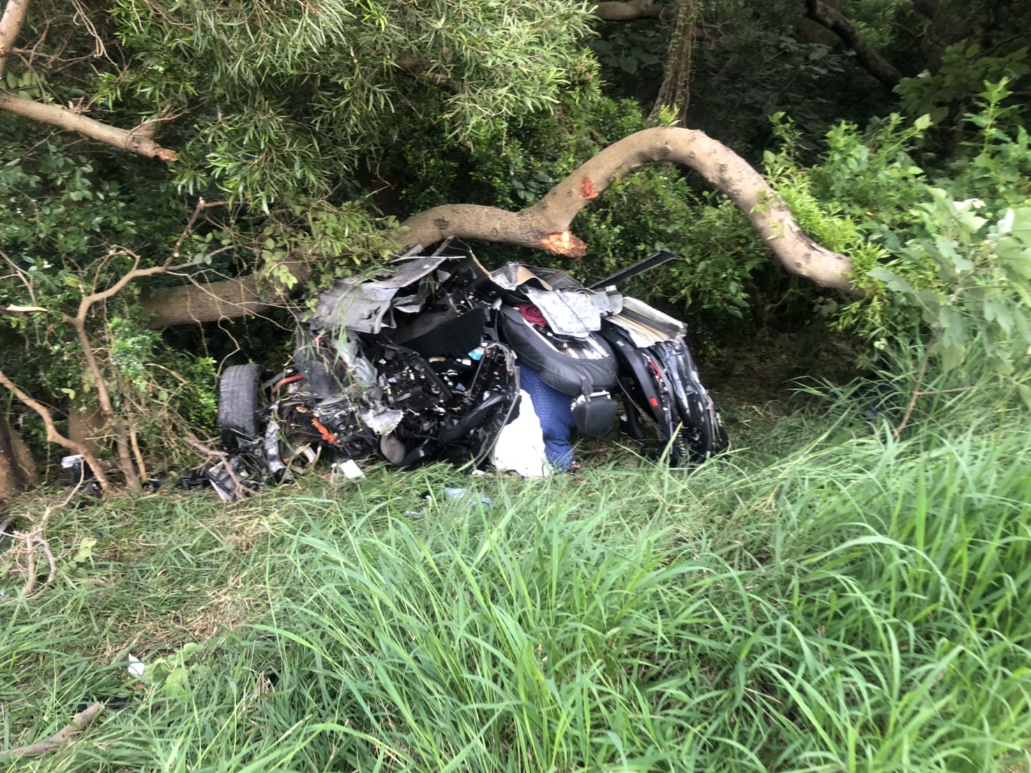 由張姓男子所駕駛的轎車，疑因超速過彎時衝出邊坡。（翻攝畫面）