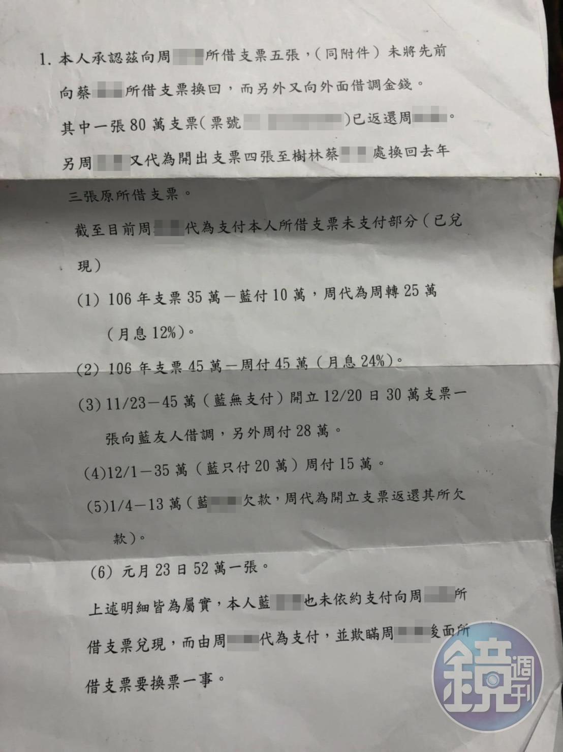 藍姓偵查佐曾將與阿慶借款一事打成明細,但卻未履約。(讀者提供)