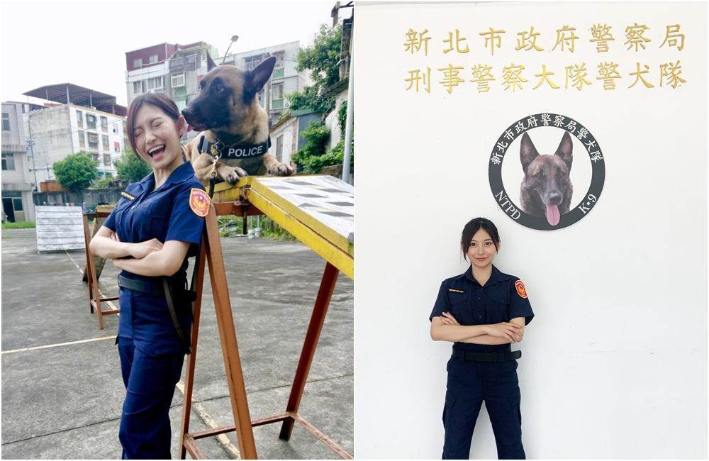 祈錦鈅受邀擔任新北市政府警察局青春專案反毒大使,緝毒爆破犬警官小淘,趁拍照時想舌吻祈錦鈅。(固力狗提供)