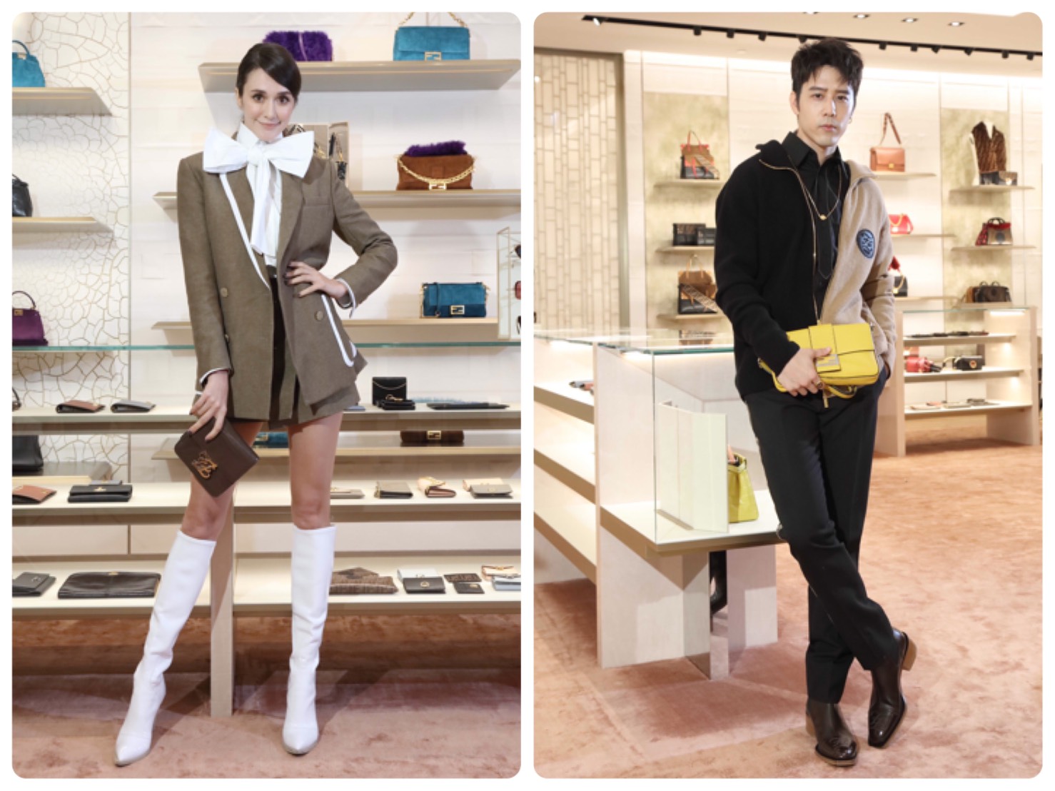 瑞莎穿著FENDI 白色蝴蝶結設計襯衫NT$37,500、短裙NT$54,000、西裝外套NT$152,000、白色長靴NT$54,000、Karligraphy側背包NT$63,000；胡宇威身穿FENDI 男士黑色襯衫NT$24,500、長袖針織造型外套NT$34,900、長褲NT$39,000、深棕色皮鞋NT$37,500、Baguette男包NT$92,000