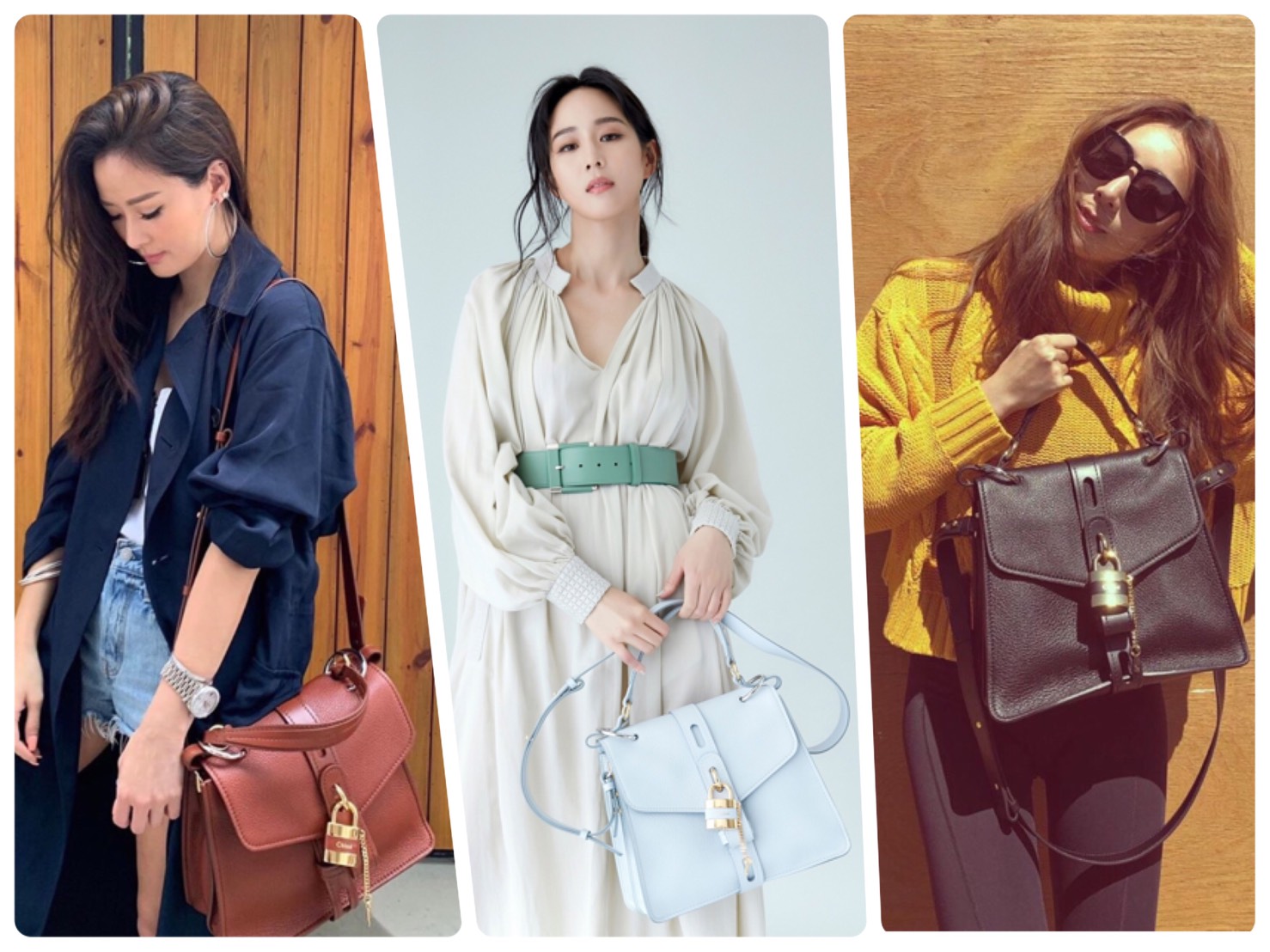 （左起）孫芸芸、張鈞甯、隋棠各自拎著Chloe Aby展現不同時尚感。（翻攝自孫芸芸、張鈞甯、隋棠IG）