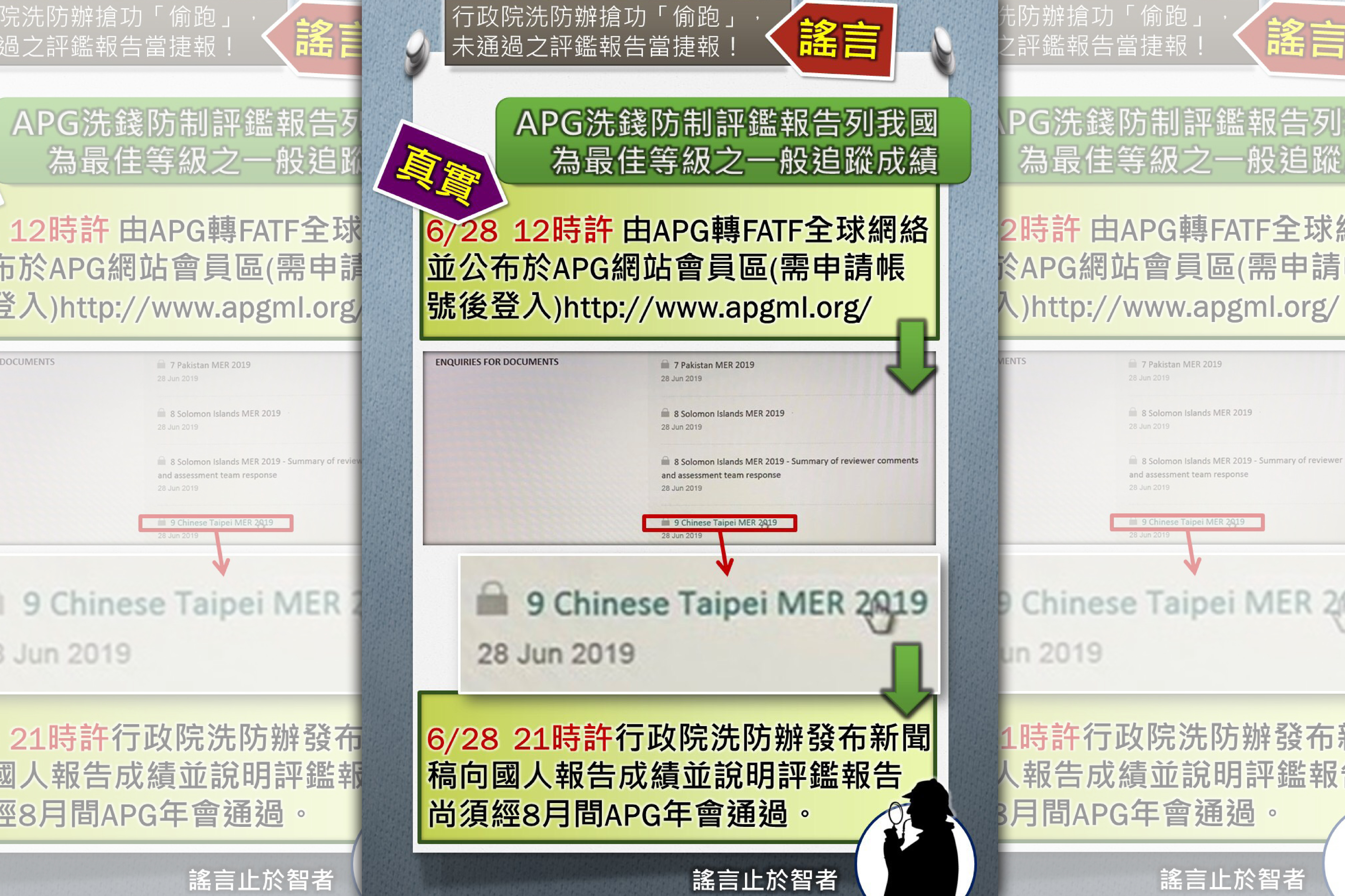 行政院洗防辦強調,APG對我國洗錢防制第三輪相互評鑑報告,在6月28日公布,由APG轉FATF全球網絡,並公布於APG網站會員區http://www.apgml.org(需申請帳號後登入)。(行政院洗防辦提供)