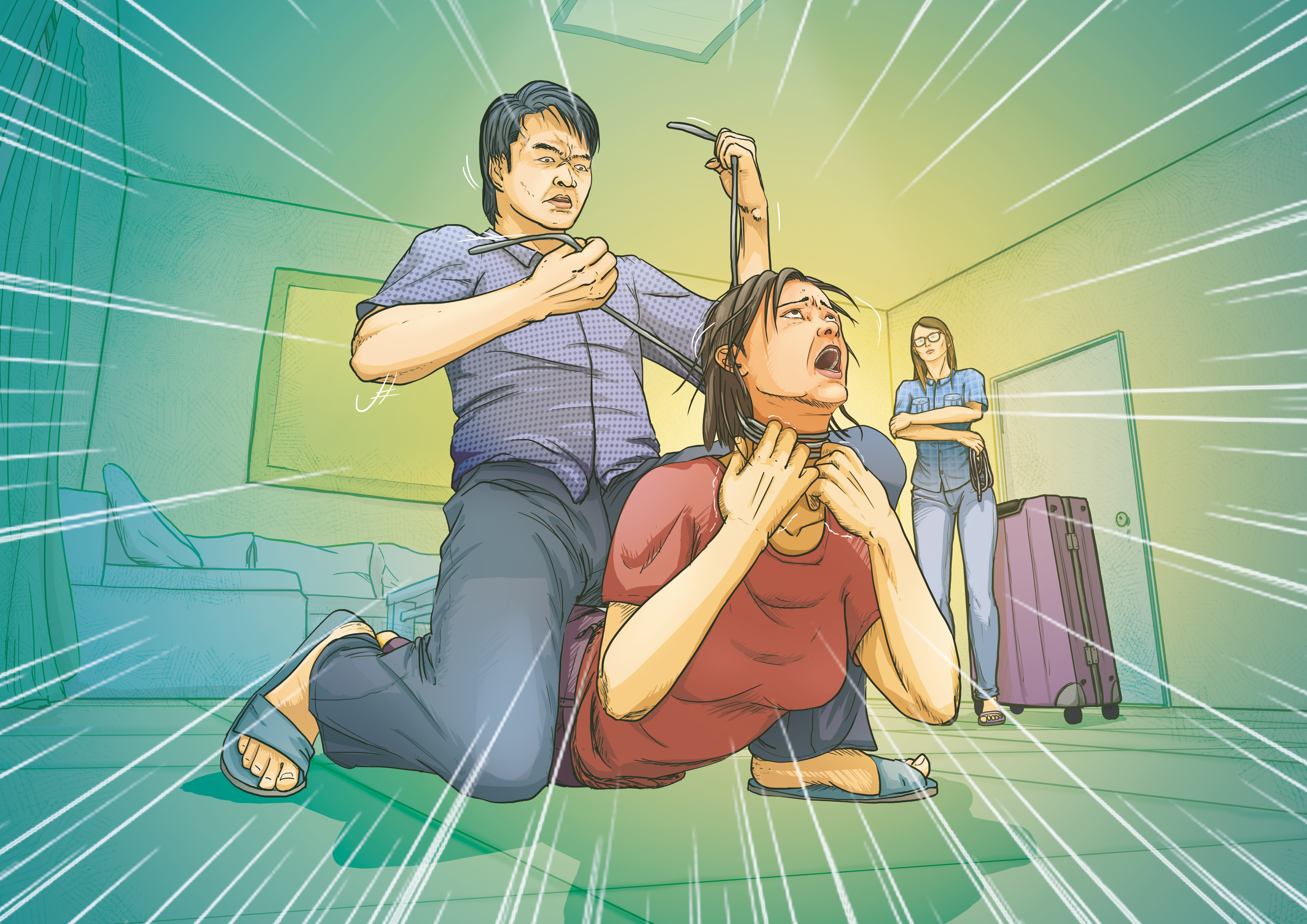 蔡京京與曾智忠以電擊棒攻擊蔡母，再用鐵絲纏繞頸部，致其窒息死亡。