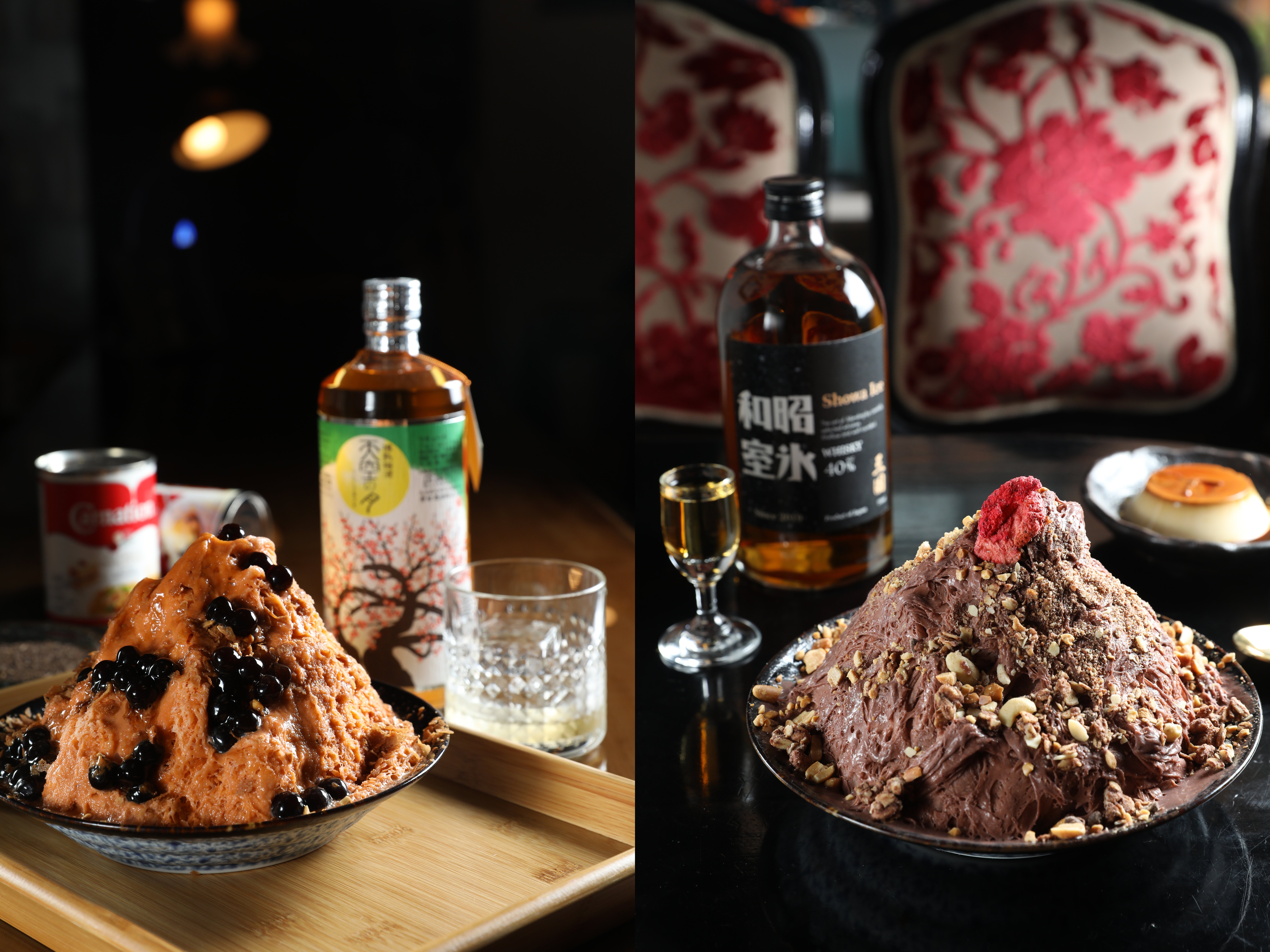 除了把威士忌淋上冰山的「大人系雪花冰」，「昭和冰室」還提供泰奶、仙草、抹茶等自家開發的雪花冰口味。