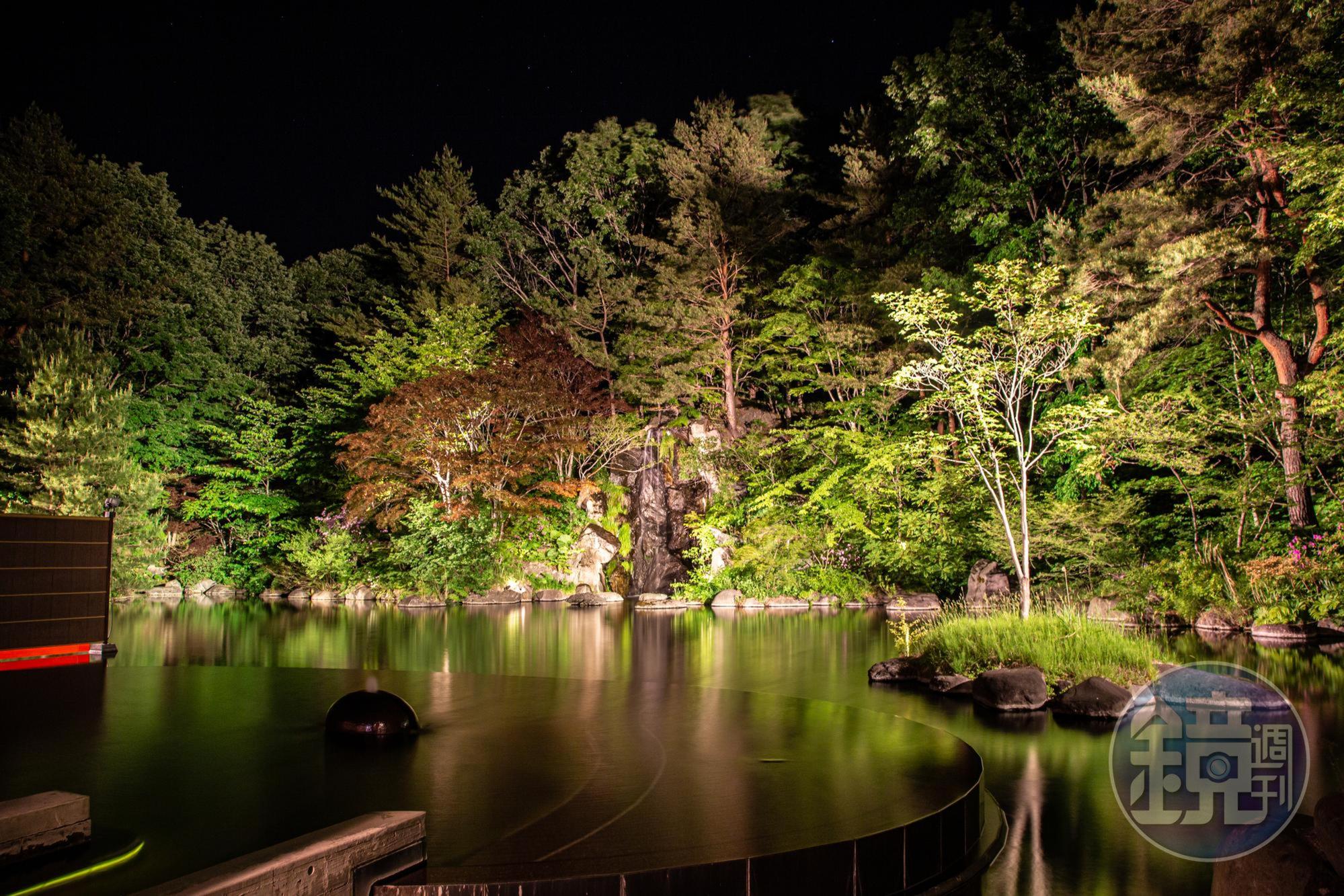 深淺錯落的樹林點綴出「浮湯」的夜色，有點神祕。