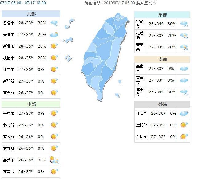 今東部、南部先轉有雨,西半部氣溫偏高。(翻攝中央氣象局)