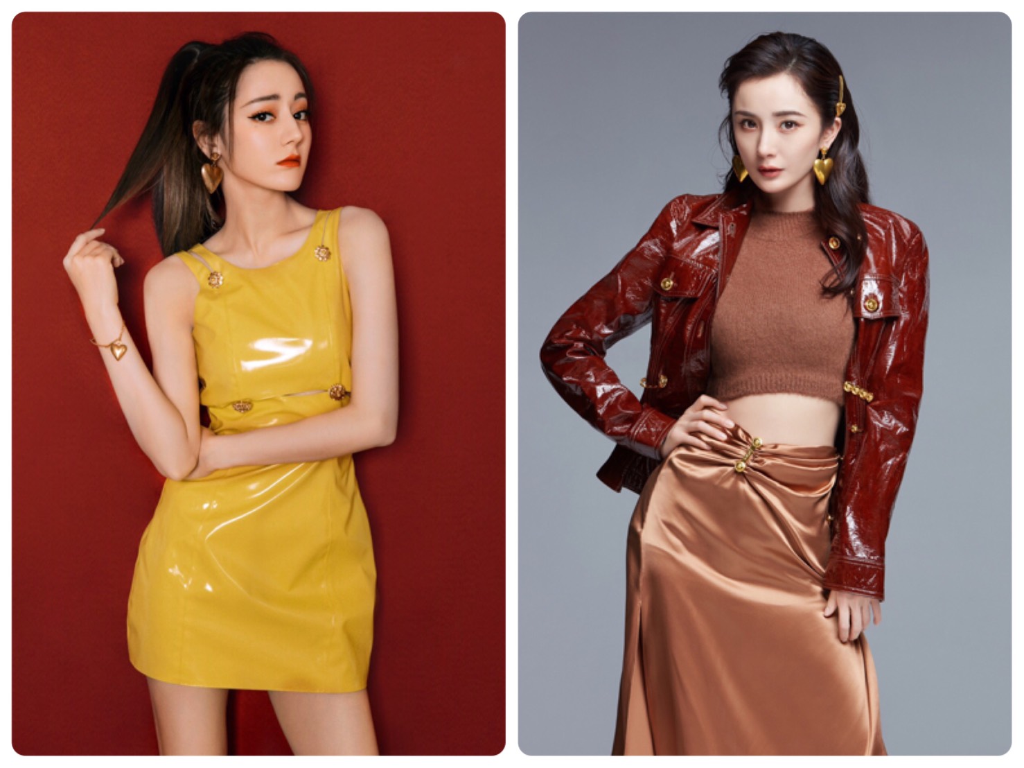 迪麗熱巴與楊冪示範配戴Versace七夕情人節系列商品，兩人更有志一同的選擇愛心耳環作為重要配件。（Versace提供）