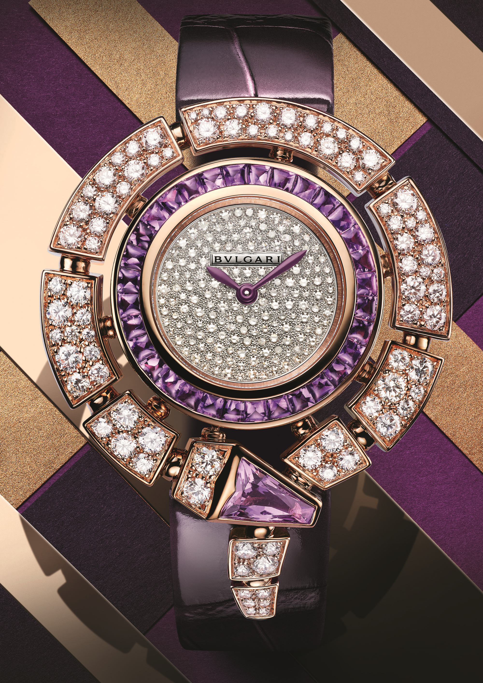 BVLGARI Serpenti Incantati玫瑰金鑽石與紫水晶腕錶。約NT$1,591,000（寶格麗提供）