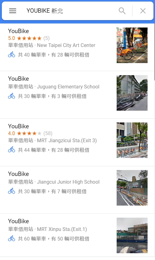 民眾在新北市想騎YouBike，只要透過Google地圖，便可查詢站點及租借資訊。（翻攝自Google地圖）