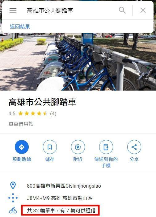 在高雄市區,也可利用Google地圖,查詢高雄市公共腳踏車的站點及租借資訊。(翻攝自Google地圖)