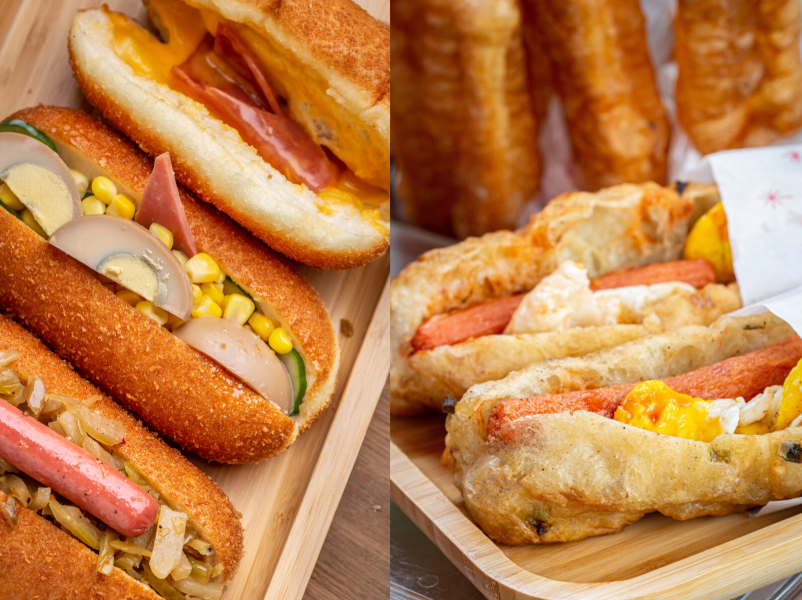 埔里鹹油條（右）及不一樣三明治的沙拉船（左），簡直就是是本土版的大亨堡。