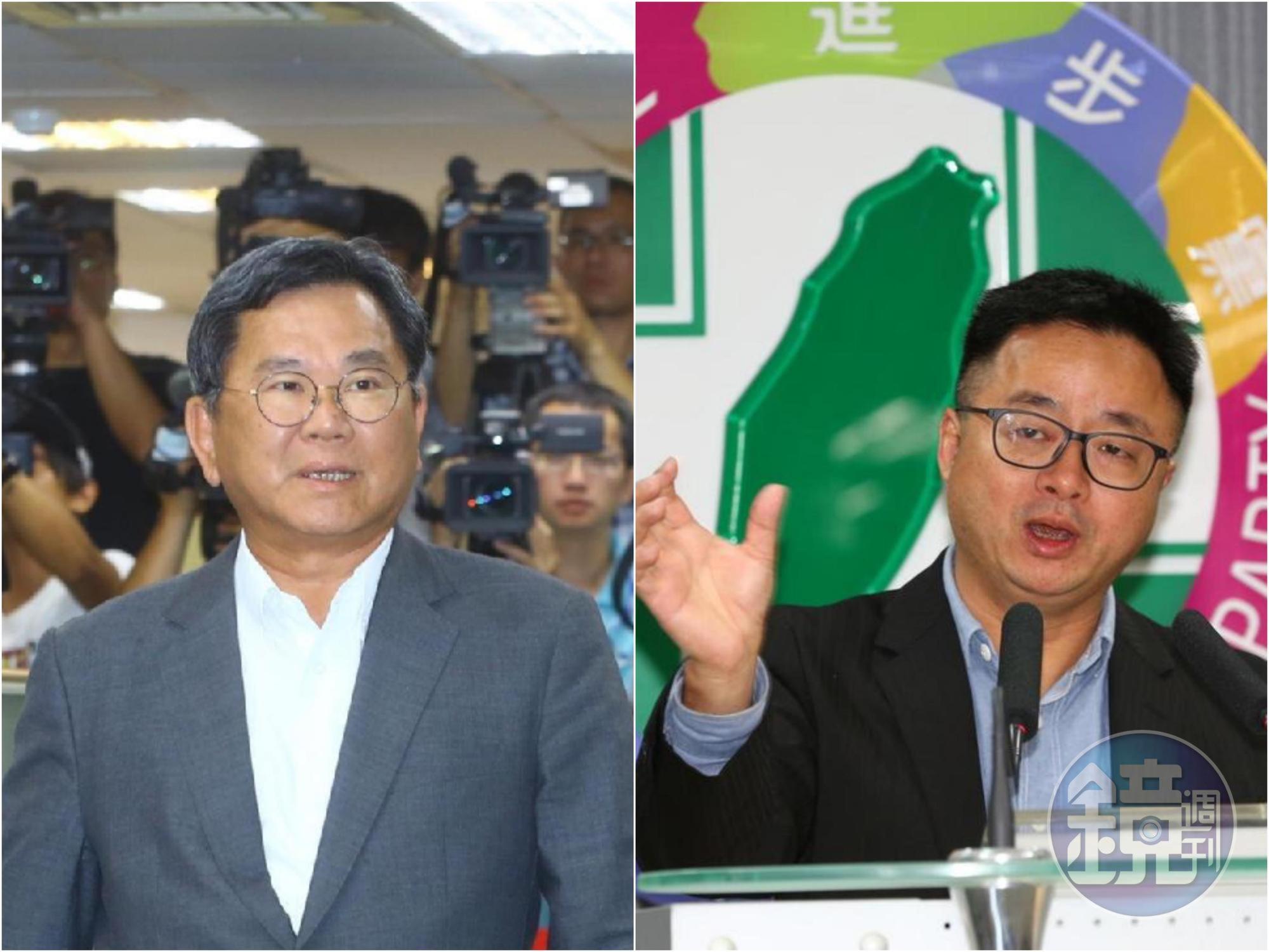 民進黨英系中常委陳明文（左）在中常會「提醒」黨主席卓榮泰，應約束祕書長羅文嘉（右）的發言。