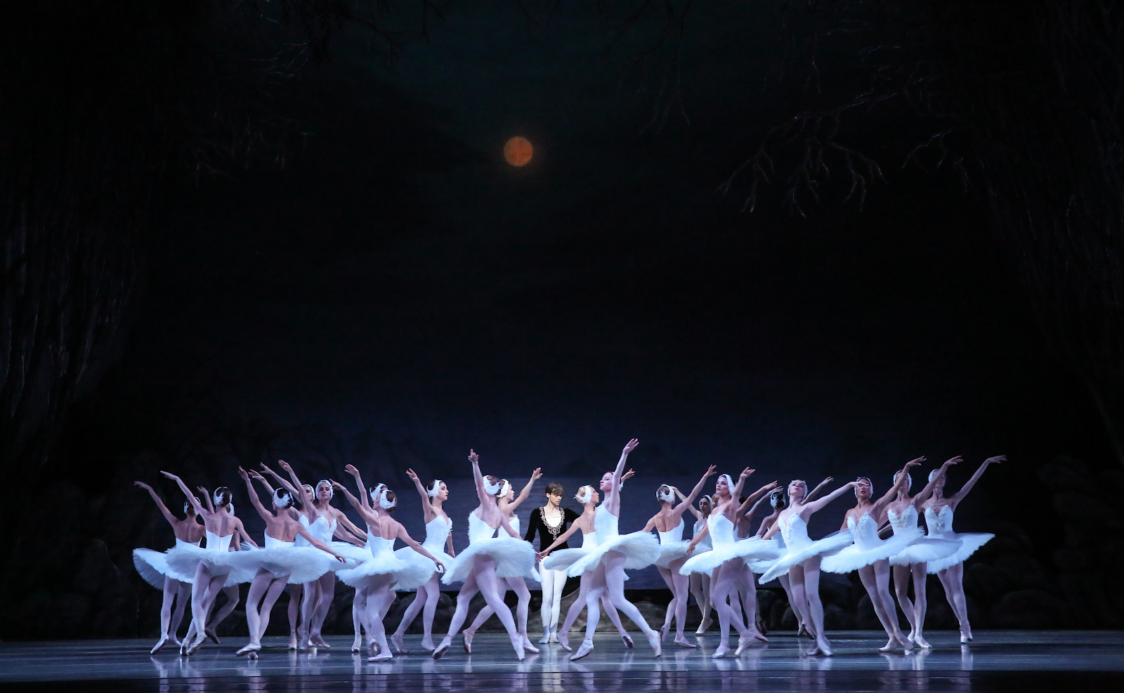 《天鵝湖》佈景具層次感，由後台投射而出的月亮高掛天空，很有空間感。