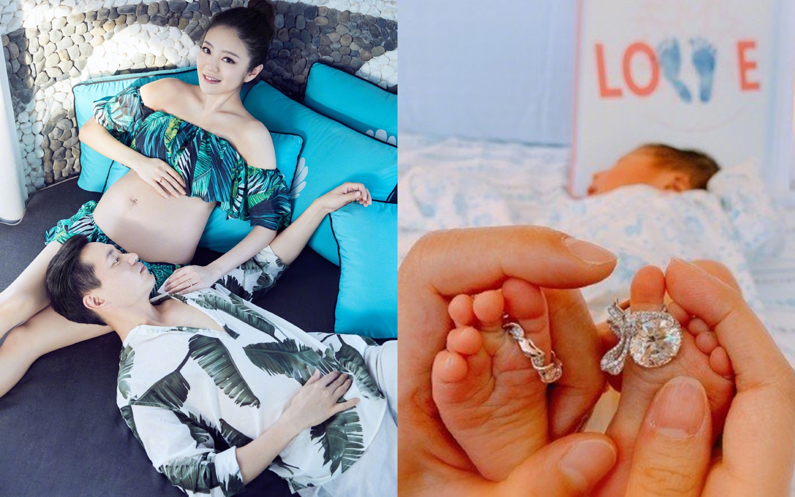 安以軒在臉書上分享產子喜訊，還將價值上億元的婚戒套在兒子的小腳ㄚ上。（翻攝自安以軒微博）