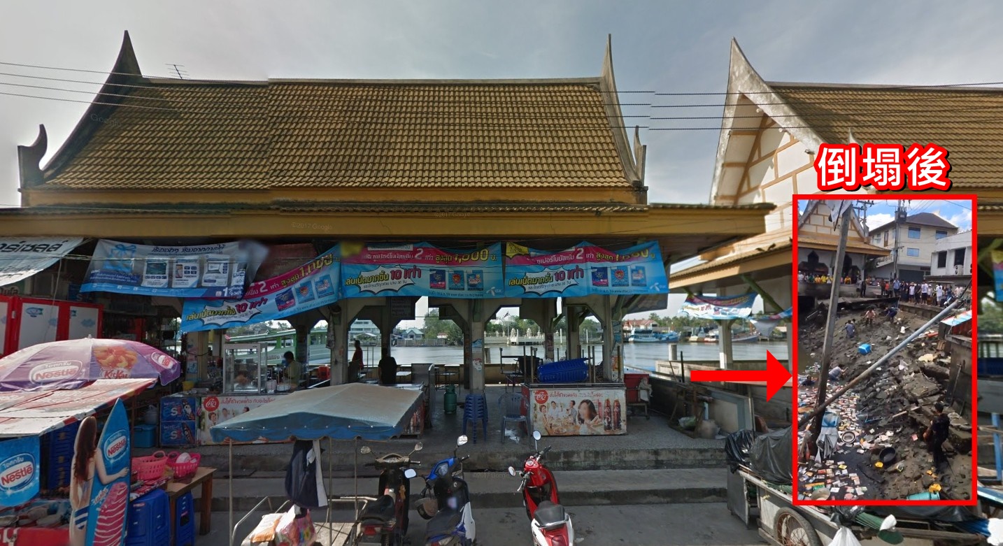  泰國有50年歷史的知名水上餐廳突然坍塌。（大圖翻攝自Google Map、小圖翻攝自推特）