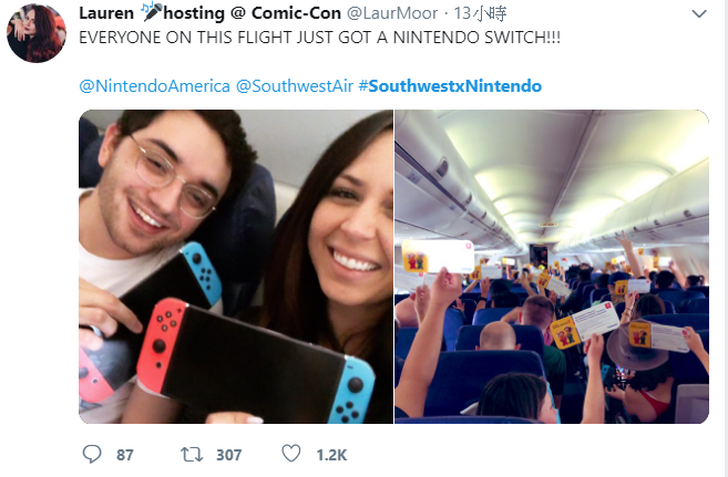 任天堂與西南航空合作，在一班前往聖地牙哥動漫展的班機上，送給每位旅客一台Switch跟《超級瑪利歐創作家2》遊戲。（翻攝Twitter）