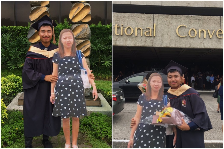 菲律賓一名男大生最近帶著過世的媽媽人形立牌參加畢業典禮，引起網友熱議。（翻攝自Paulo John推特）