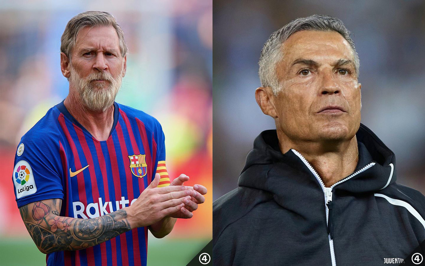 網友製作、足球巨星梅西與C羅的老臉照。（翻攝自「Dimz_i_am」Twitter）