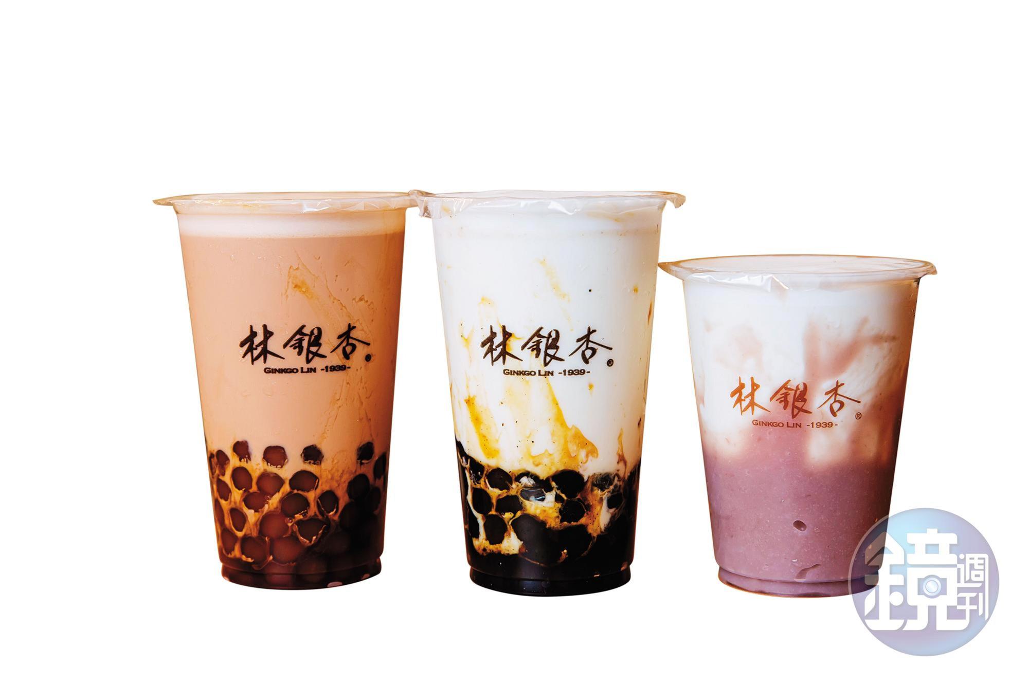 九份店獨賣的杏仁茶手搖杯頗受歡迎,珍珠琥珀杏茶90元/杯;珍麻杏福飲90元/杯;芋見杏福80元/杯(由左至右)。