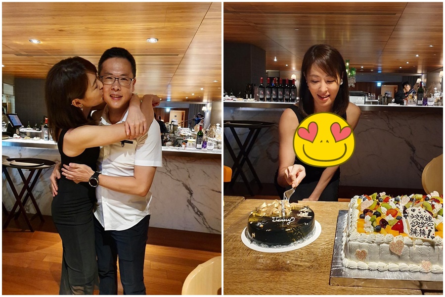 賈永婕慶祝45歲生日，生日趴上嗨吻老公。（翻攝自賈永婕臉書）