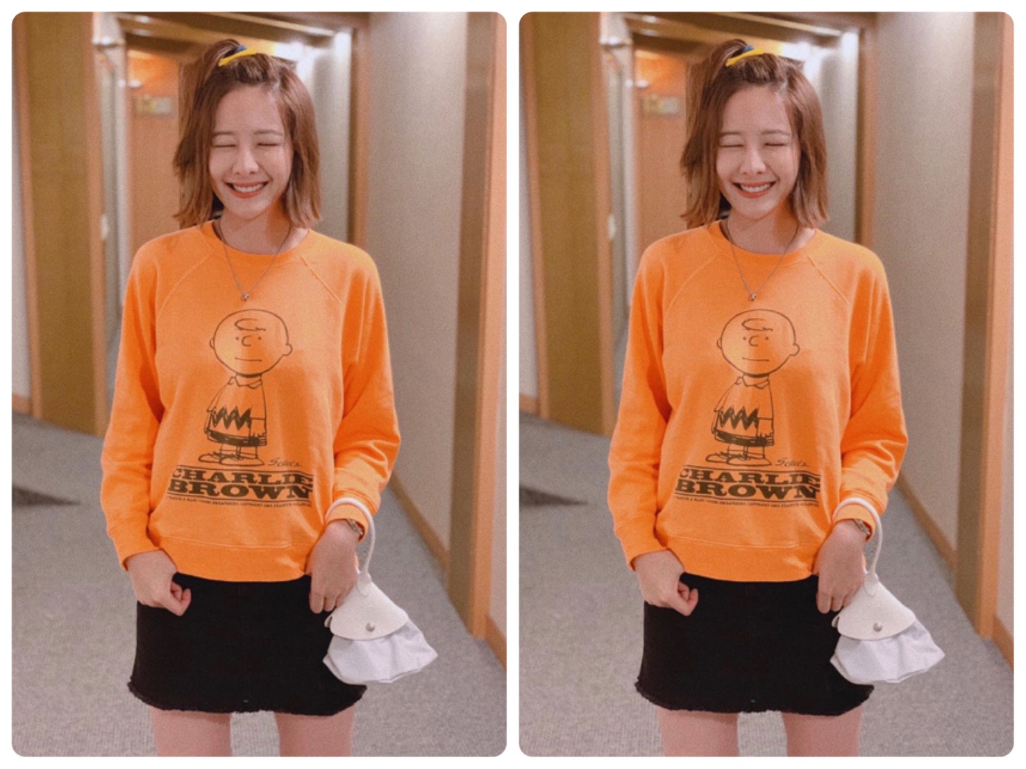 安心亞身穿THE MARC JACOBS X ThePeanuts聯名系列T，NT$9,890、手拎Longchamp x nendo系列三角錐小型手袋，NT$4,500（翻攝自安心亞IG）