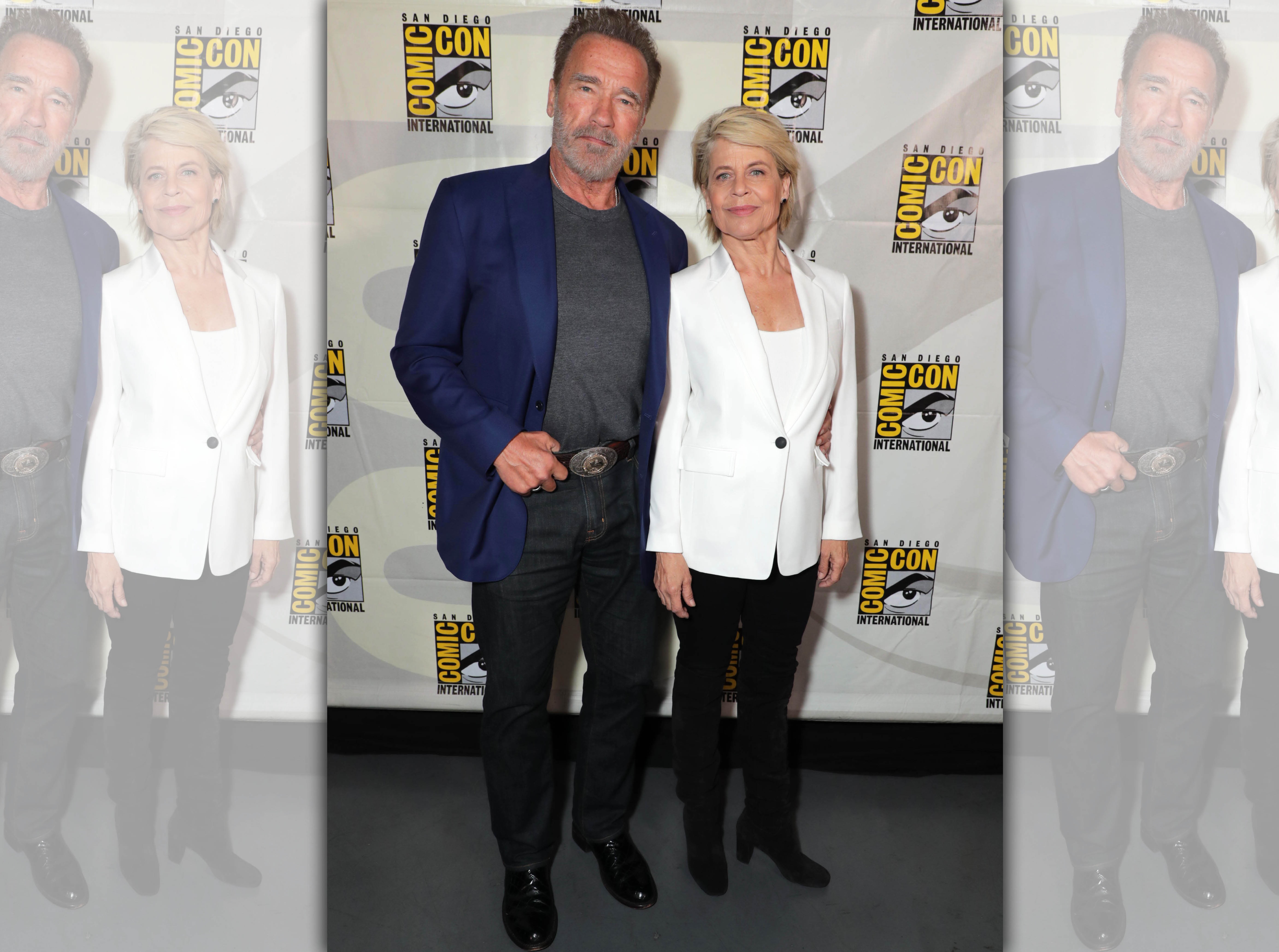 當年從第一集打到現在，阿諾史瓦辛格（左）與琳達漢彌頓，都滿頭白髮了。（福斯電影提供）