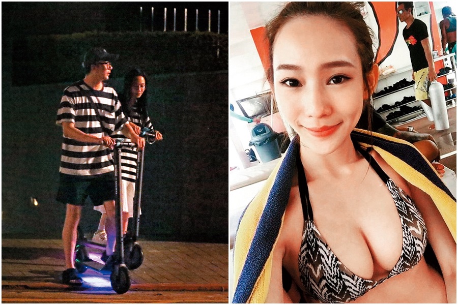 7/8 23：36，送走蕾菈後，廖人帥（左）跟一名女生穿著條紋情侶裝騎滑板車代步；據查，條紋妹名叫Nina，是個網路上有3,000多人追蹤的「奈米網紅」。（右圖翻攝自Nina IG）。