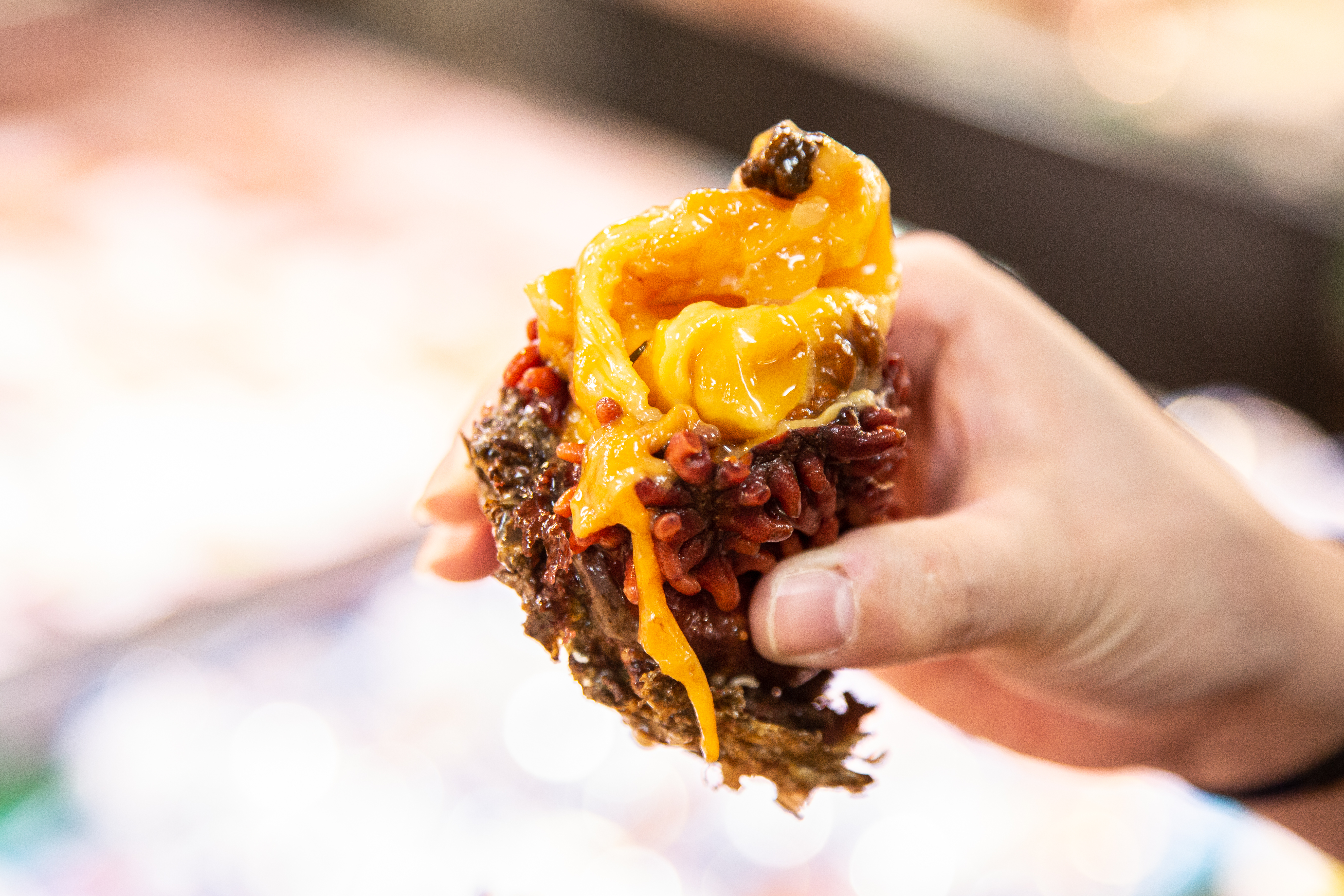 現剖橘色海鞘肉生吃，海味超濃。