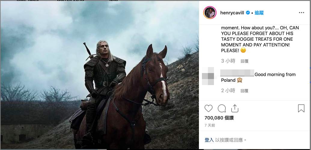 為了平息廣大電玩粉絲的疑慮，亨利卡維爾在Instagram也公布了傑洛特騎馬的劇照，表示劇組真的沒有忘記這匹駿馬的存在。（翻攝自Henry Carvill官方IG）