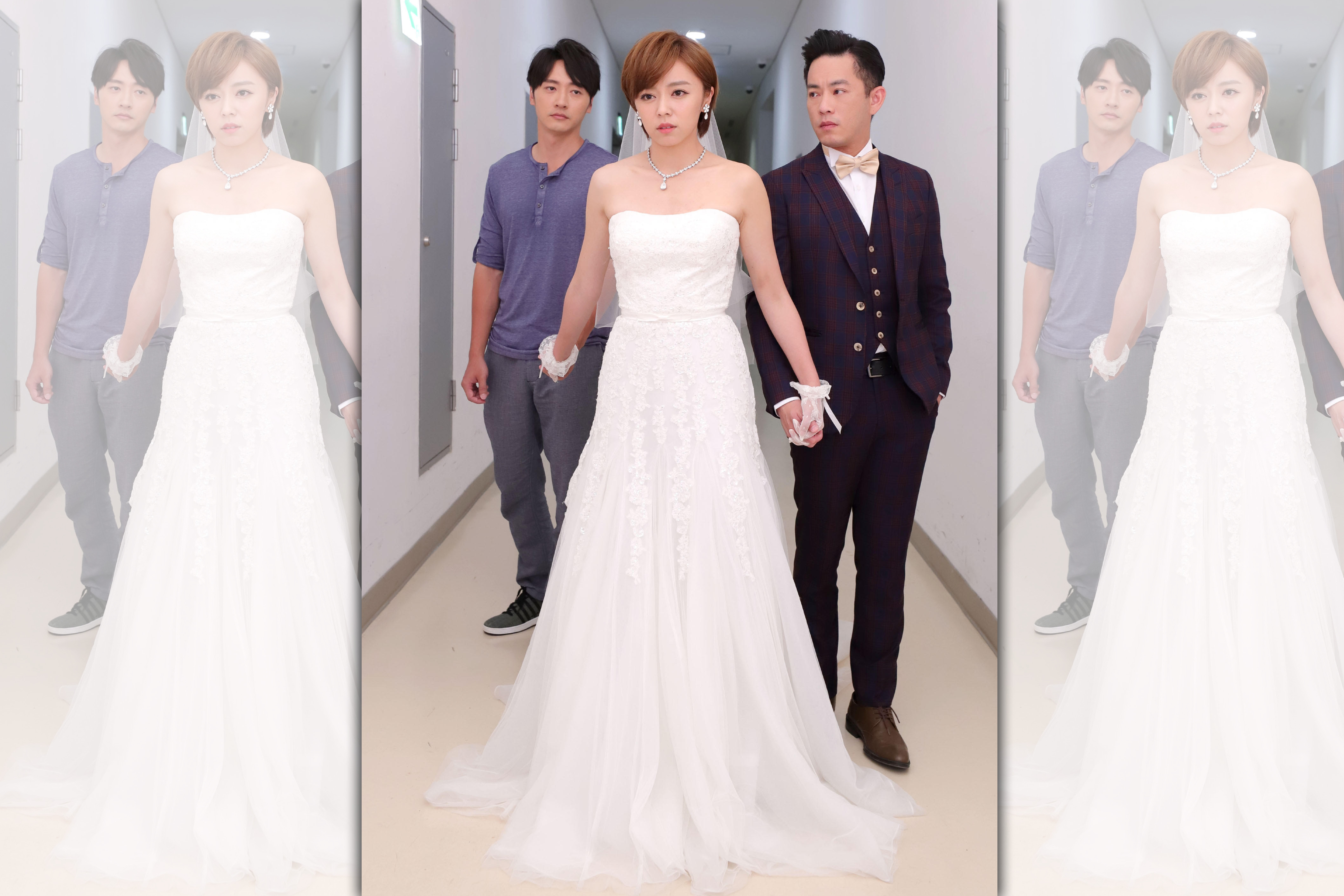 王瞳穿上白紗，勾著馬俊麟和韓宜邦，畫面唯美。（民視提供）