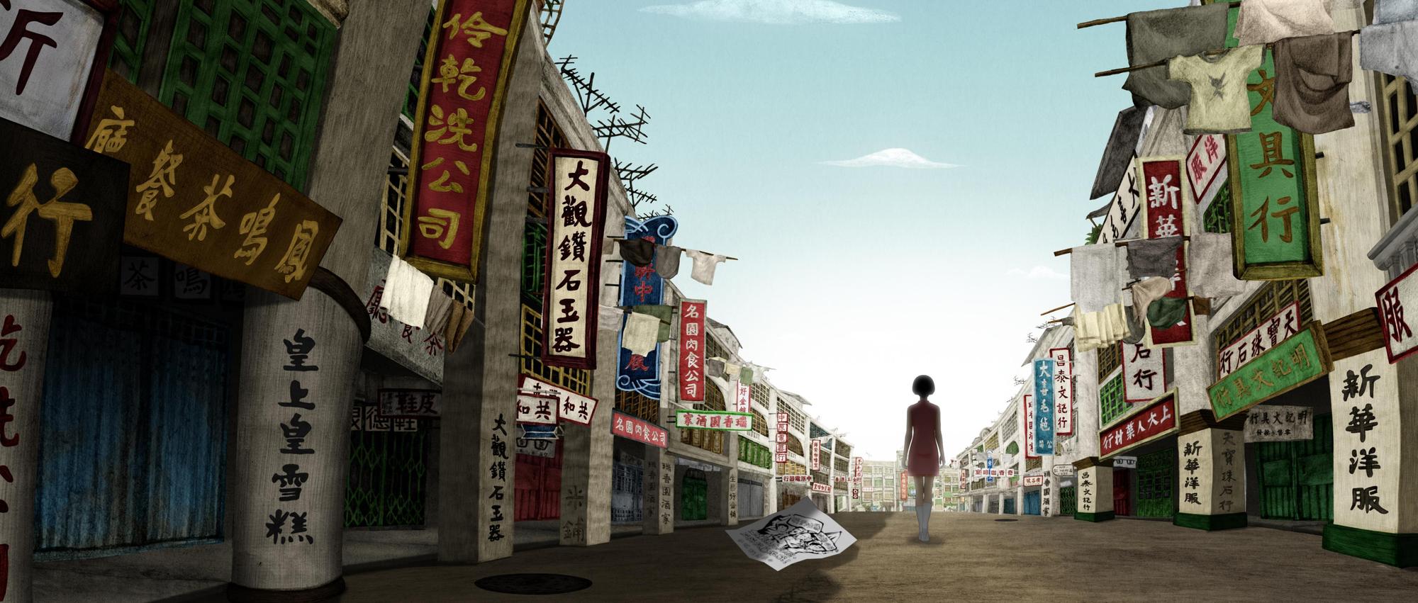 該片動畫先以碳粉鉛筆將香港的街景繪畫在宣紙上,經過上色,呈現出一個已經消逝,卻又存在腦海中的美好時光。(花生映社提供)