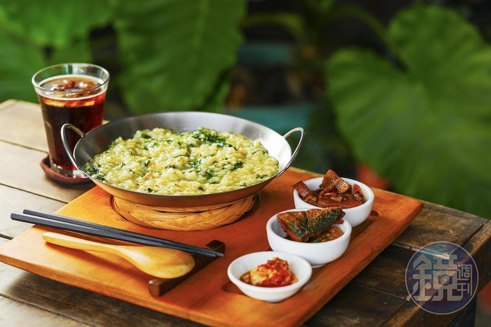 用各種野菜做成的「山地飯套餐」，排灣族人稱為「比努拉稱安」，是傳統的家常料理。（200元／份）