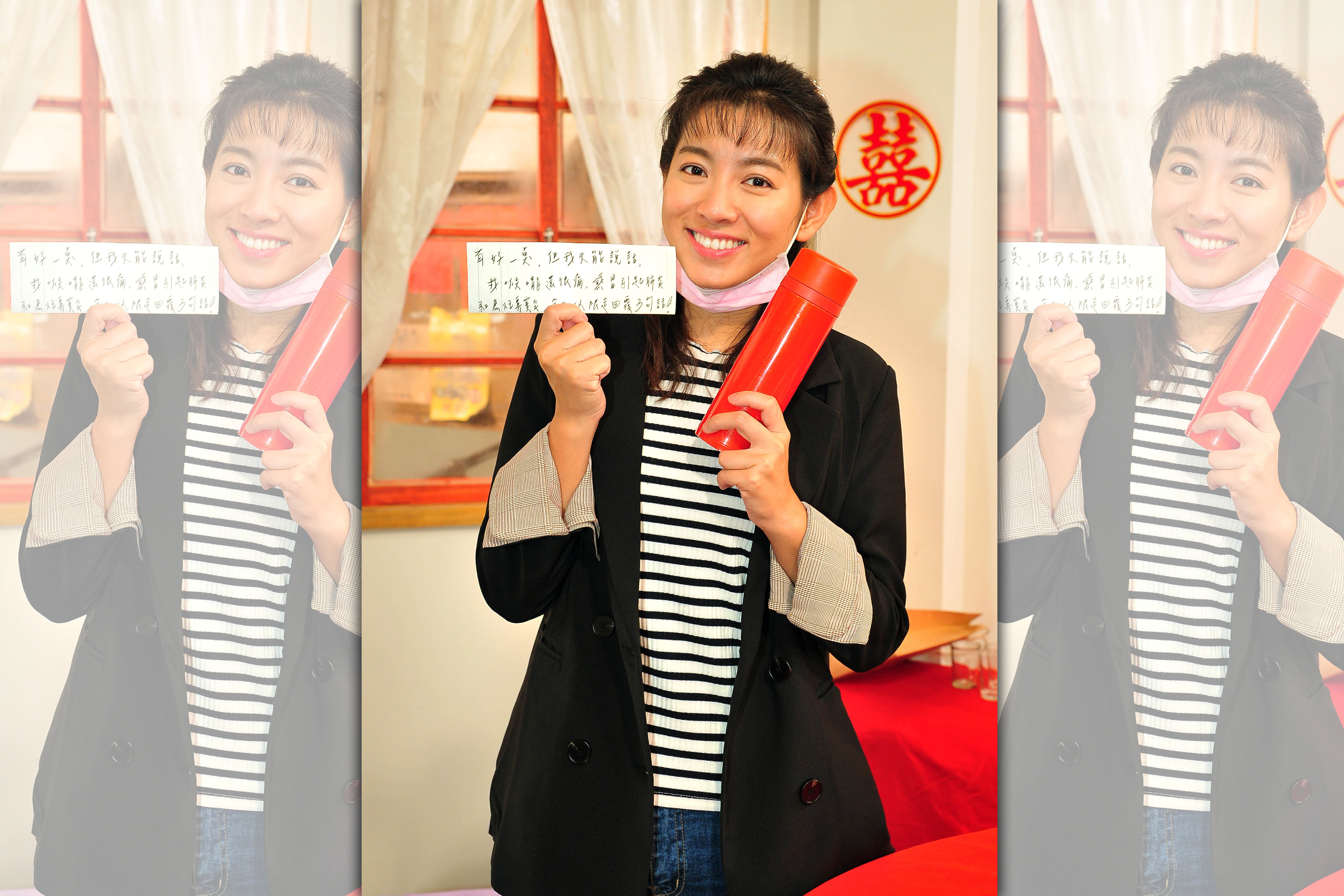 停工10日後米可白再投入拍攝工作，因擔心將感冒傳染給其他人，以小紙條跟大家溝通。（台視提供）