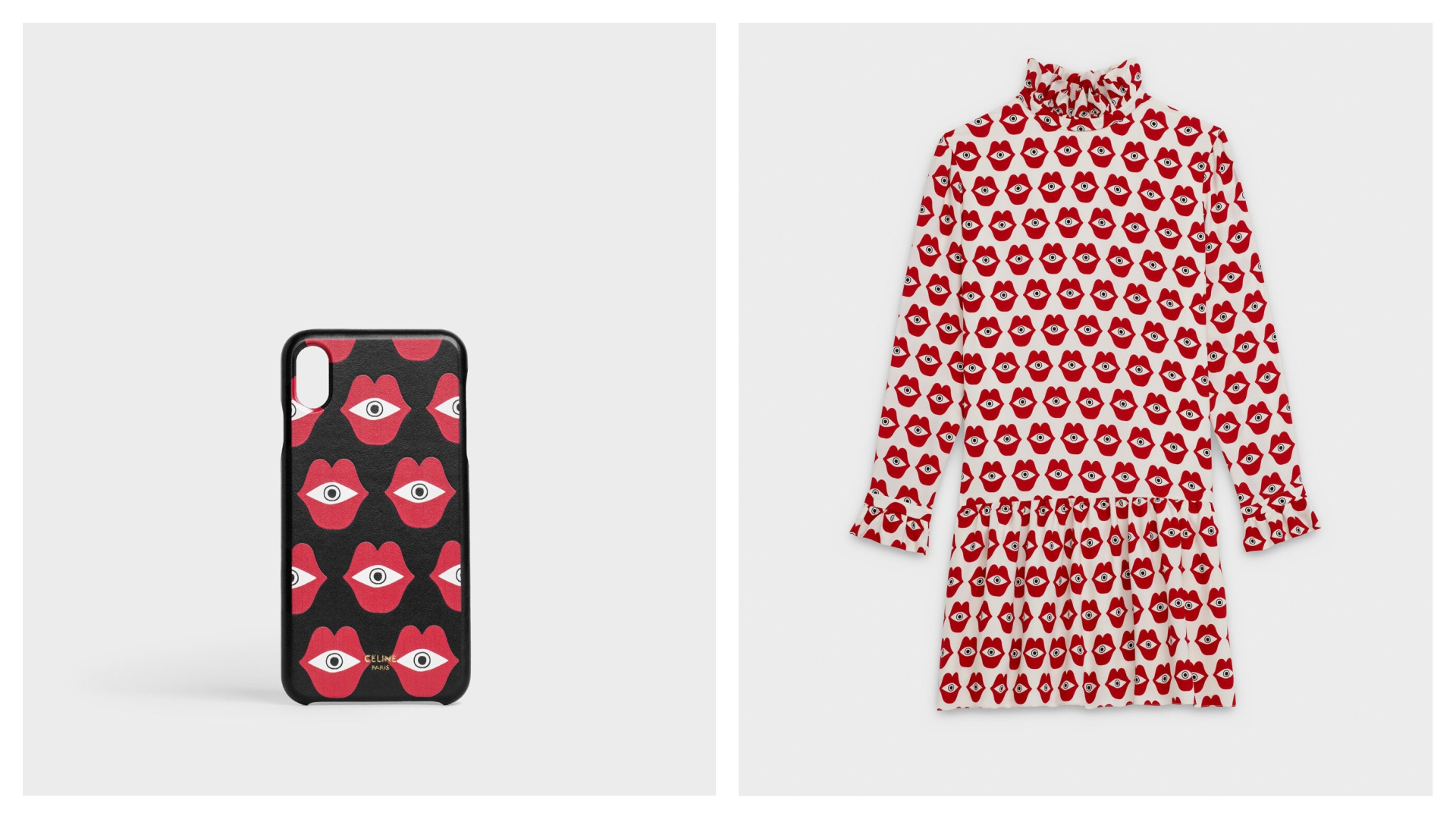 CELINE Telepathic Love印花羊皮IPHONE手機殼 NT$12,000，CELINE  Telepathic Love印花荷葉領短款連身裙 NT$105,000。（CELINE提供）