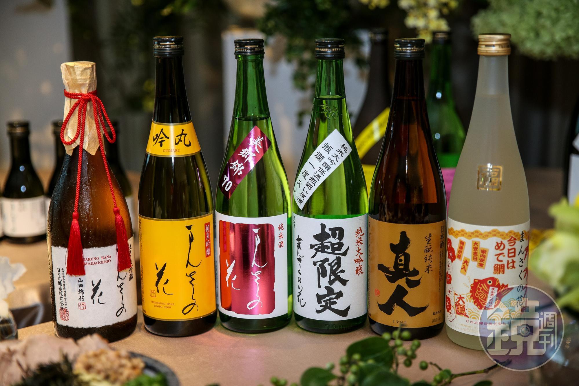 左1：萬作之花 山田錦、左2：萬作之花 吟丸、左3：萬作之花 美鄉錦、右1：萬作之花 福氣鯛 、右2：真人、右3：萬作之花 超限定。