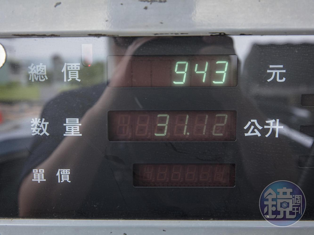 在南投草屯加油31.12公升滿缸。