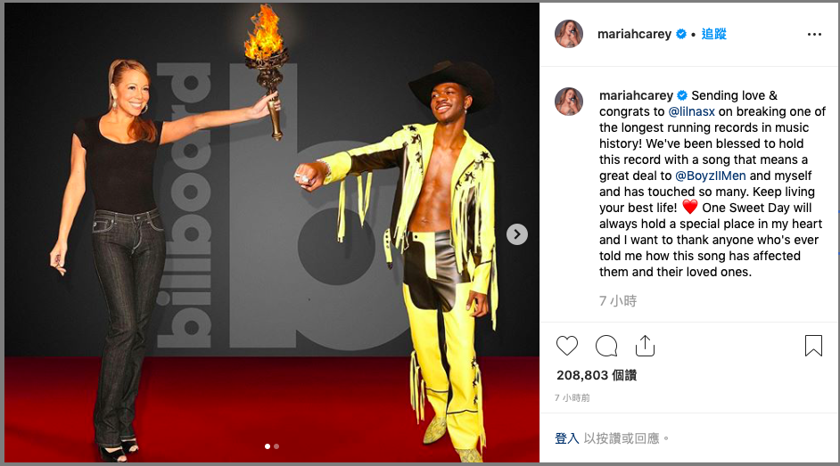 身為被紀錄被超越的前輩,瑪麗亞凱莉大方地在Instagram貼出「交棒」的照片,恭喜「納斯小子」超車成功!(翻攝Mariach Carey官方Instagram)