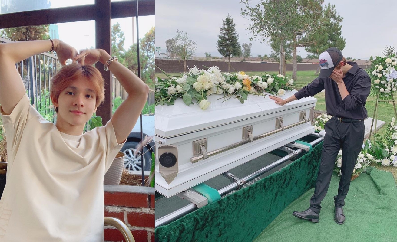 金Samuel在IG放上與父親的棺木合照，情緒潰堤掉淚。（合成自金Samuel IG）