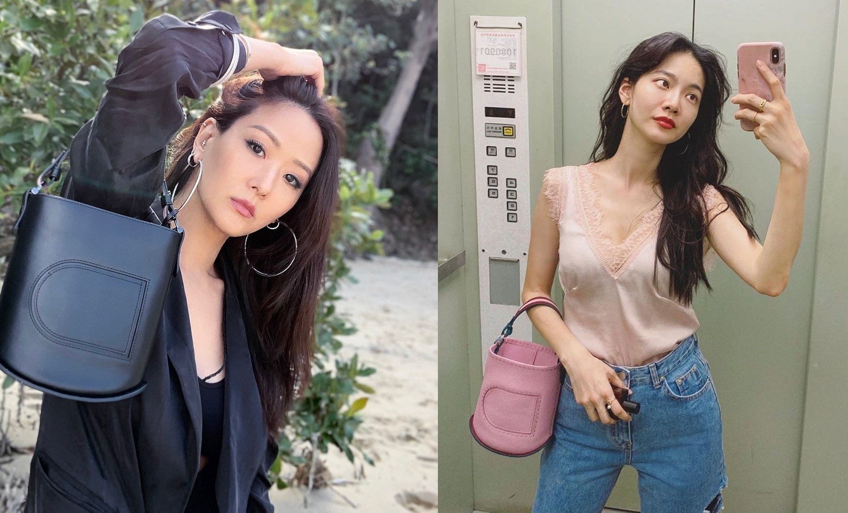 孫芸芸手拎DELVAUX Pin系列黑色光滑牛皮Mini Bucket手拿提袋，NT$79,900；曾之喬的DELVAUX Pin系列胭脂粉Mini Bucket手拿提袋，NT$67,300。（翻攝自孫芸芸、曾之喬IG）