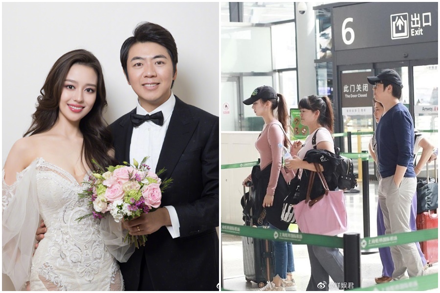 郎朗才新婚2個月，就被網友直擊東西全給老婆拿，自己兩手空空。（左圖翻攝自郎朗微博、右圖翻攝自鮮娛君微博）