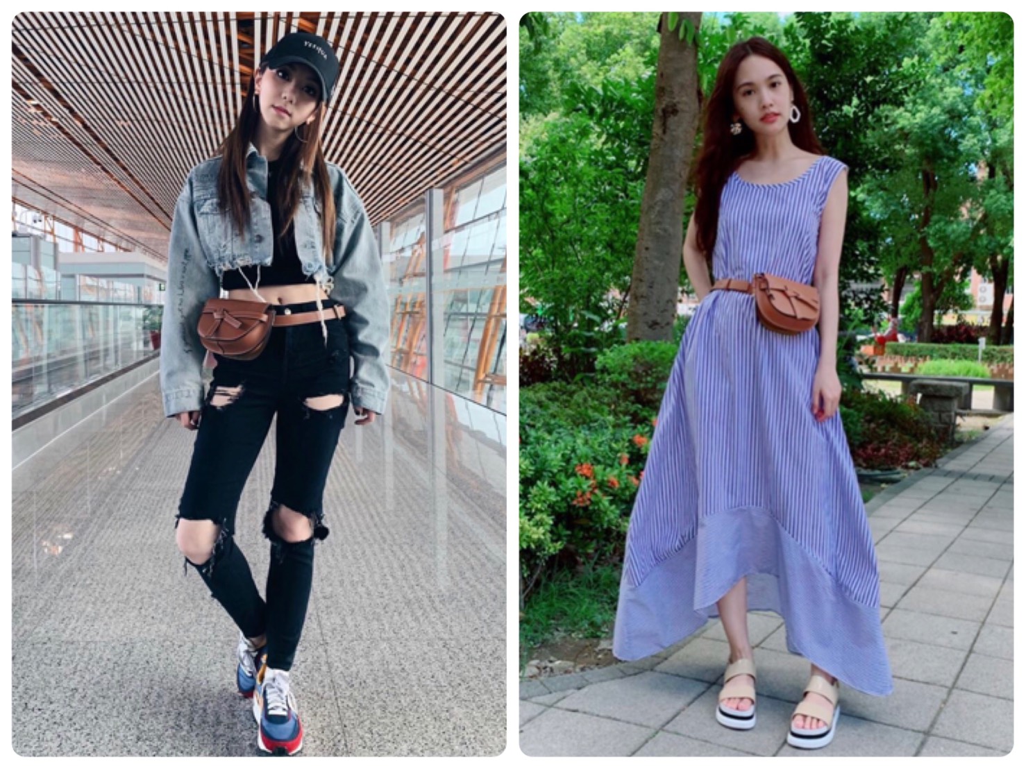 鄧紫棋（左）、楊丞琳（右）分別po出自己腰繫LOEWE Gate腰包照片。（翻攝自鄧紫棋、楊丞琳IG）