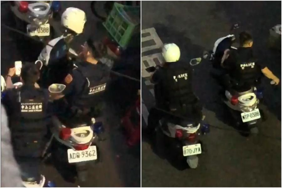 中山分局員警執勤時抽菸，遭附近大樓住戶拍下PO網（左圖）。員警抽完菸後隨手丟棄，遭單位記申誡（右圖）。（翻攝畫面）