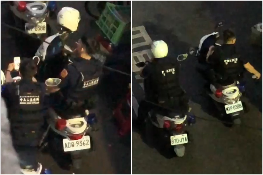 中山分局員警執勤時抽菸，遭附近大樓住戶拍下PO網（左圖）。員警抽完菸後隨手丟棄，遭單位記申誡（右圖）。（翻攝畫面）