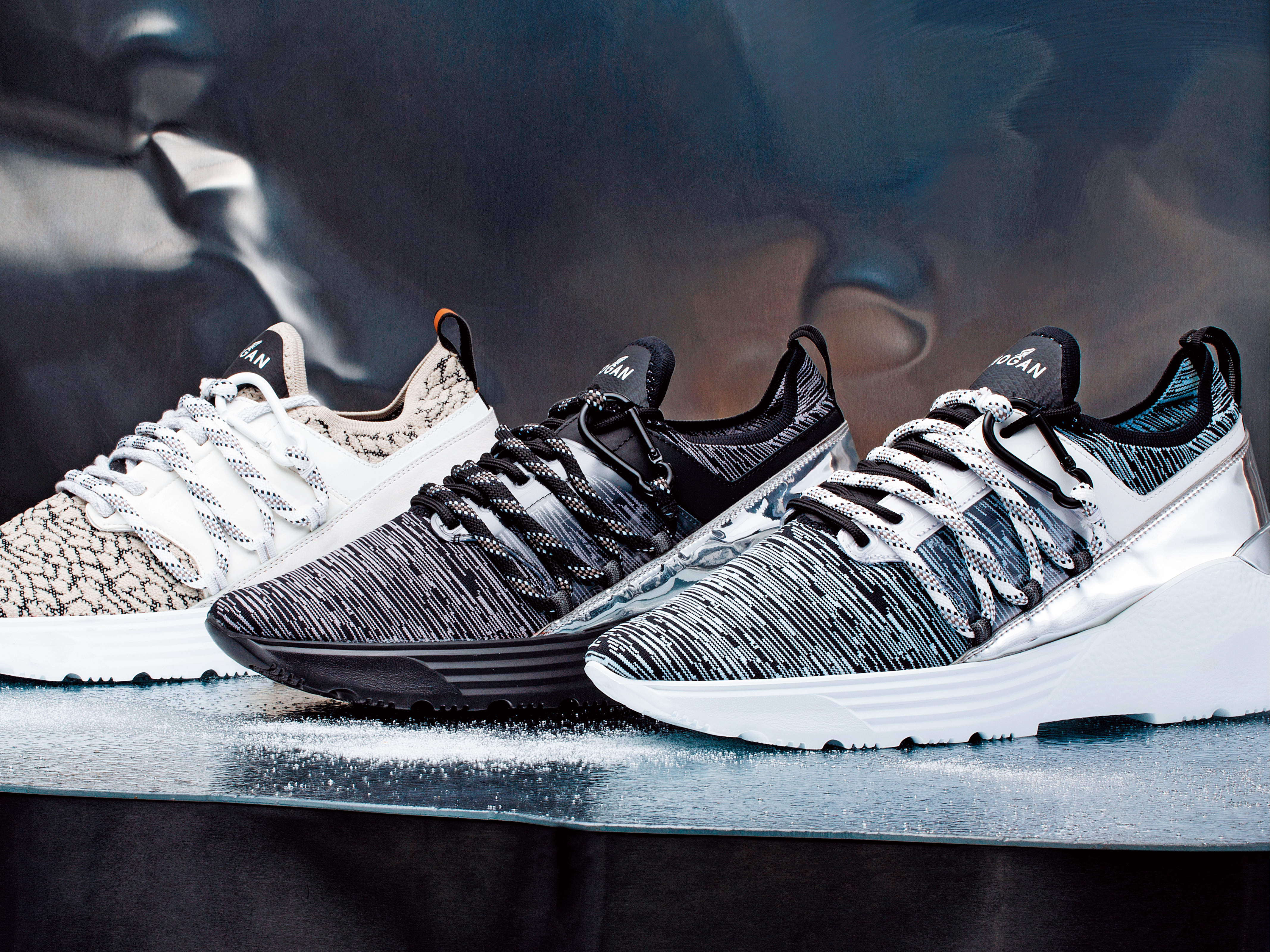 HOGAN Active One 針織鏡面男士休閒鞋NT$27,300(前)、價格未定(中、後)。(HOGAN提供)