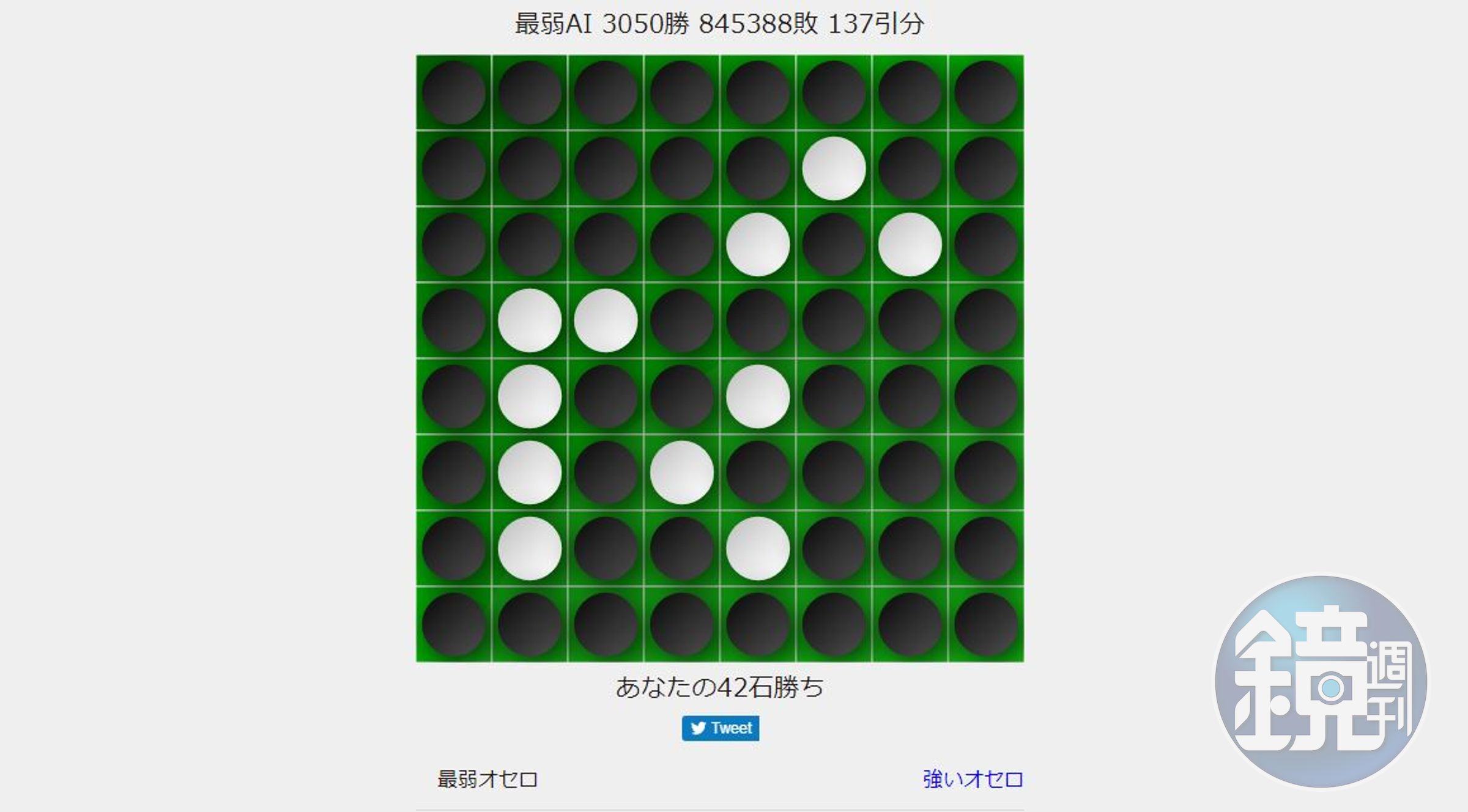 日本 AI 公司開發了只會嘗試輸棋的「最弱 AI」。（翻攝自othello.to-kei.net）